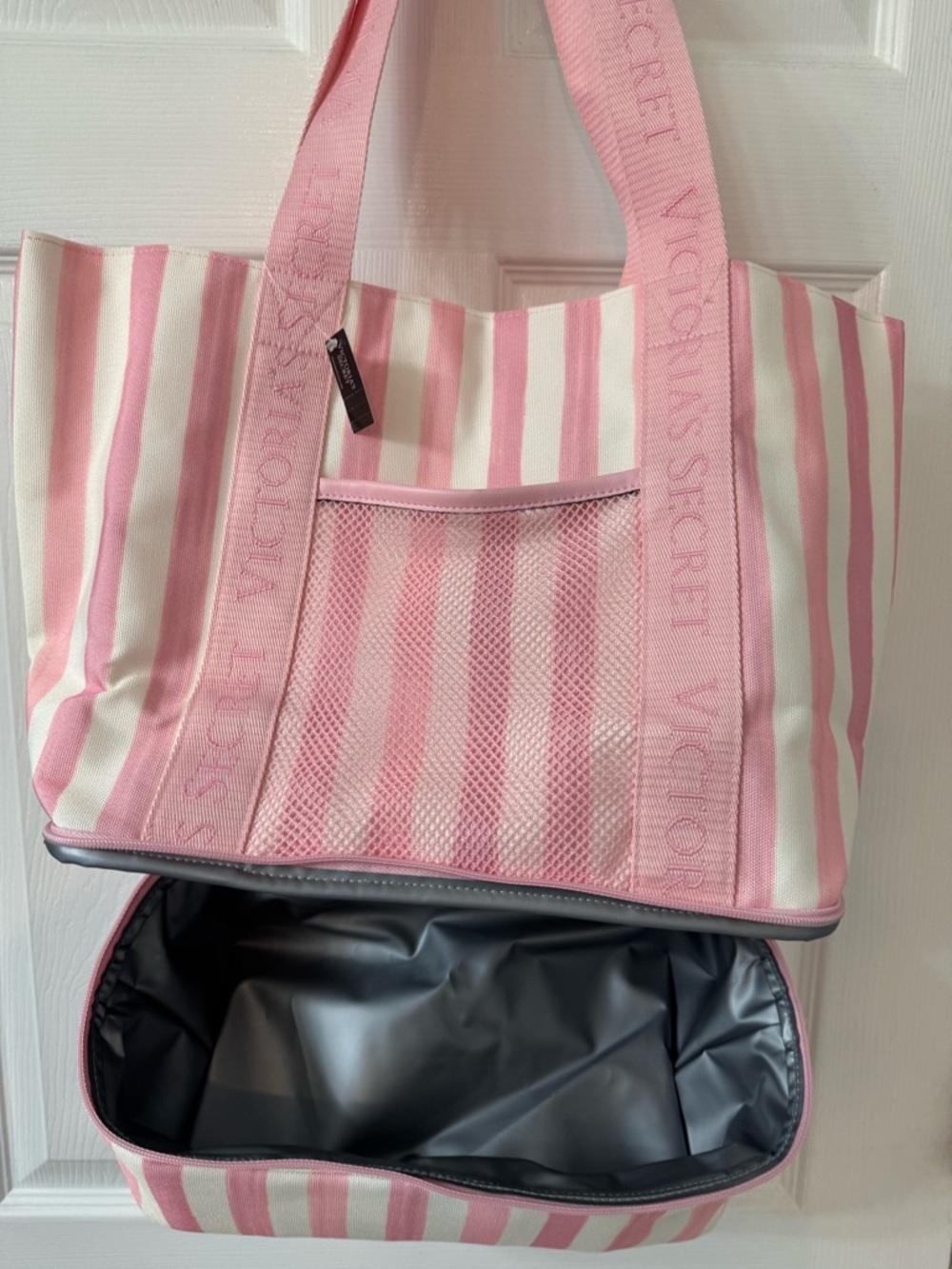 NWT Victoria's Secret Pink & White Striped Canvas Tote cooler on bottom half - Picture 6 of 6